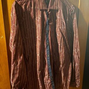 Saks Fifth Avenue Burgundy and Gold Striped Shirt